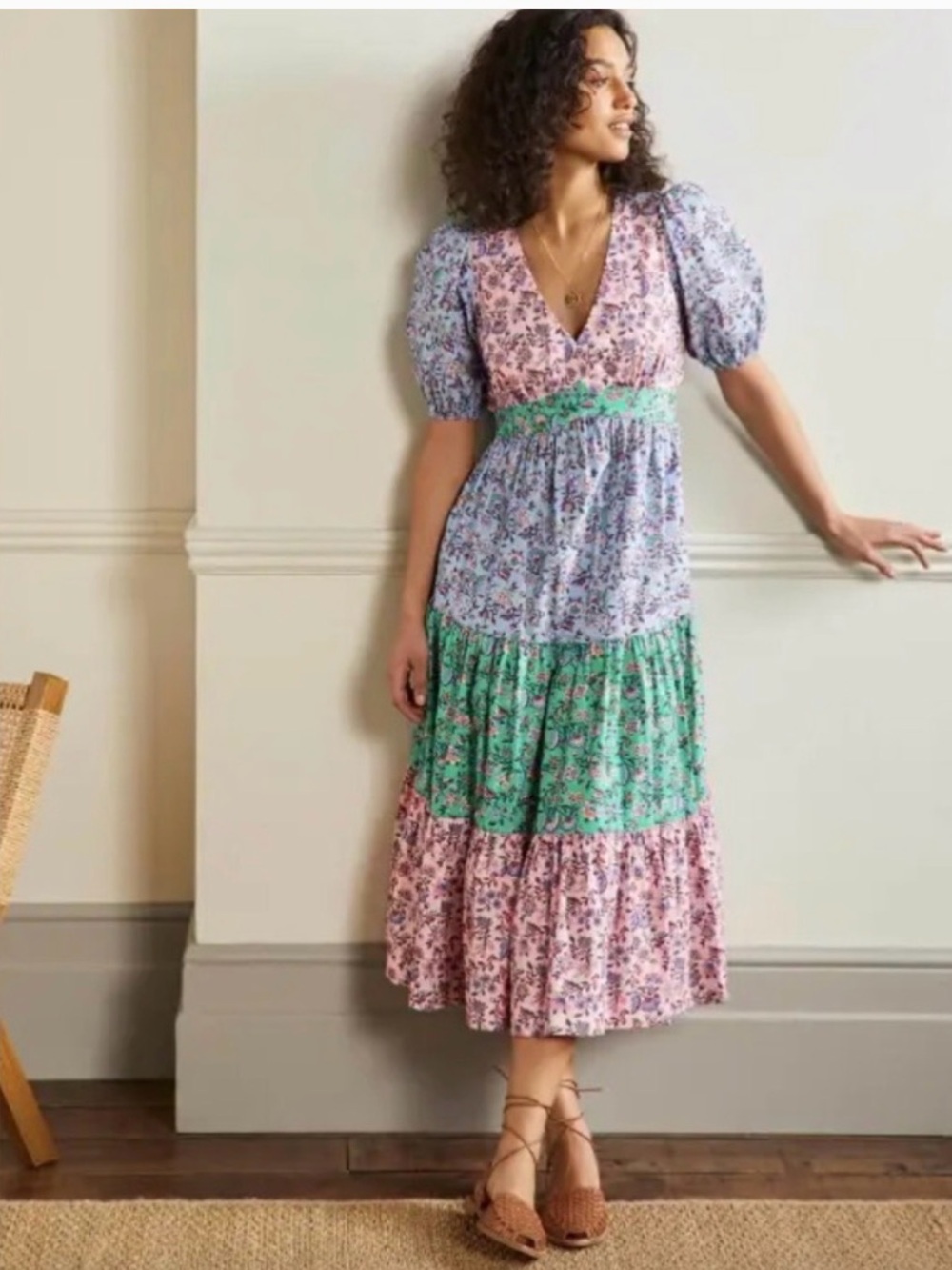 Boden Puff Sleeve Tiered Midi Dress - Picture 1 of 5